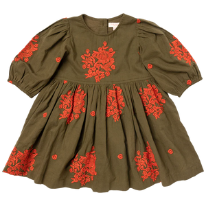 Brooke Dress - Dark Olive With Embroidery