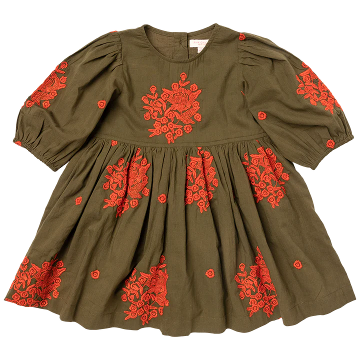 Brooke Dress - Dark Olive With Embroidery