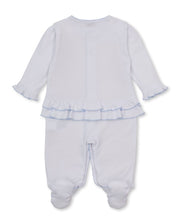 Load image into Gallery viewer, Premier Rose Bow Footie with Hand Embroidery - White with Light Blue
