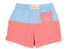 Load image into Gallery viewer, Country Club Colorblock Trunks - Beale Street Blue &amp; Parrot Cay Coral
