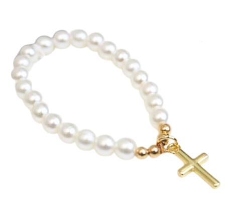 6MM Pearl Bracelet With Gold Cross