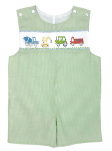 Pete Green Gingham Shortall With Construction Vehicles Smocking