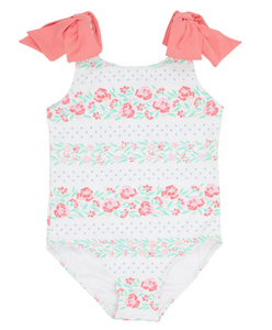 Edisto Beach Bathing Suit - Gasparilla Garlands With Parrot Cay Coral Bows