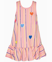 Load image into Gallery viewer, Peach Stripe Drop Waist Dress With Heart Trim
