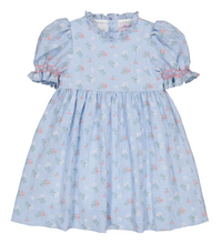 Load image into Gallery viewer, Blue Seersucker Gingham With Bouquet Print Dress
