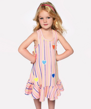 Load image into Gallery viewer, Peach Stripe Drop Waist Dress With Heart Trim
