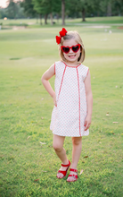 Load image into Gallery viewer, Amelia Aline Dress - Navy and Red Swiss Dot

