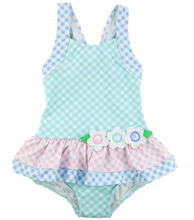 Load image into Gallery viewer, Gingham Skirted Swimsuit With Flowers
