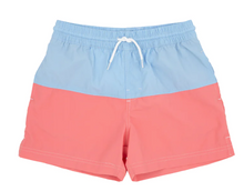 Load image into Gallery viewer, Country Club Colorblock Trunks - Beale Street Blue &amp; Parrot Cay Coral
