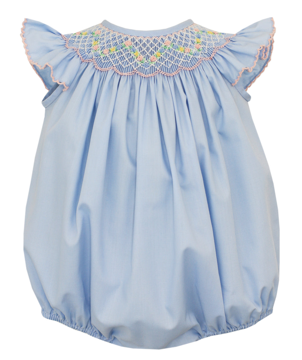 Blue Poplin Angel Wing Lily Bishop Bubble With Pink Smocking