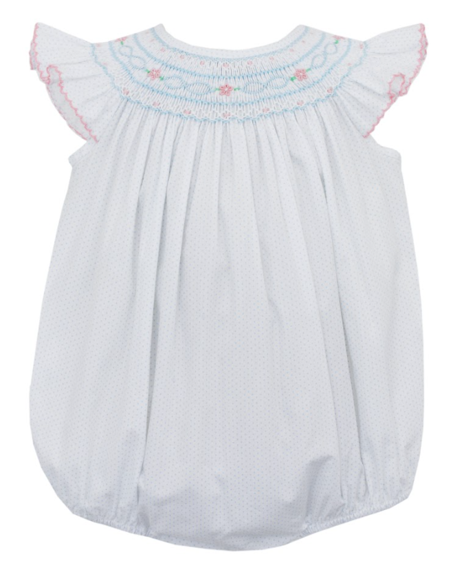 Sophie Angel Wing Bishop - White With Blue Dots And Pink Smocking