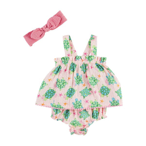 Pink Turtle Pinafore & Headband Set