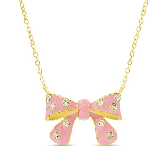 Bow Necklace With CZ - Pink