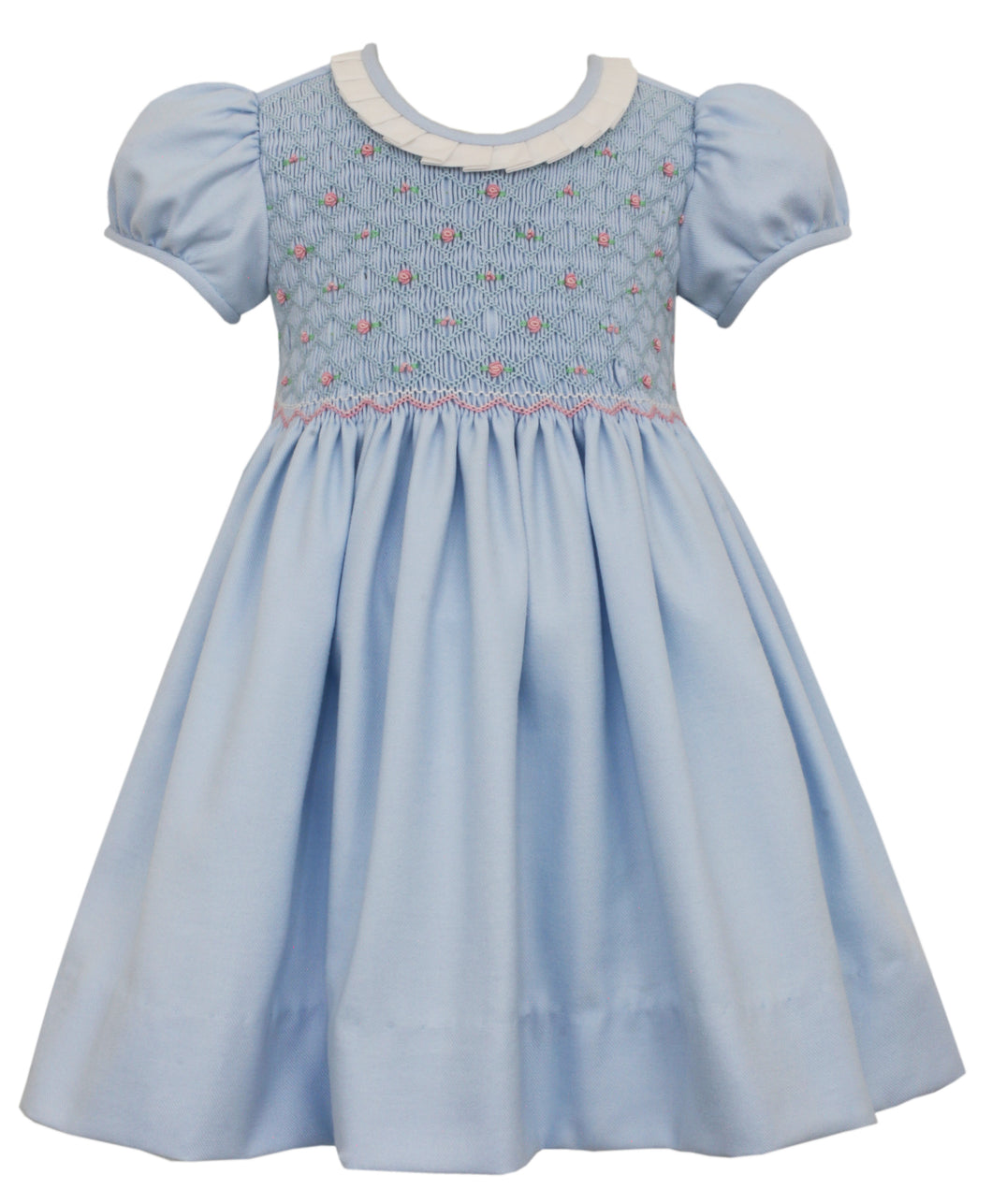 Blue Smocked Dress With Pleated Collar