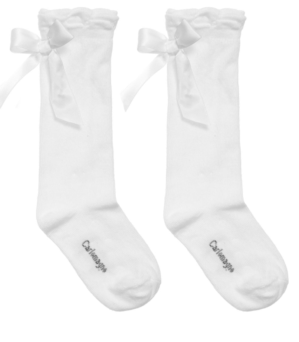Cotton Knee High Socks With Bow In Back - White