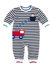 Load image into Gallery viewer, Navy Stripe Longall With Firetruck And Dalmation
