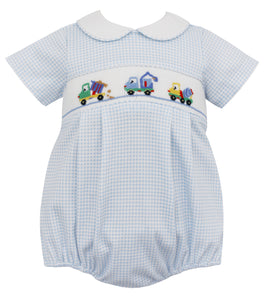 Blue Gingham Knit Bubble With Smocked Roadwork Vehicles