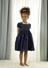 Load image into Gallery viewer, Navy Taffeta Smocked Dress
