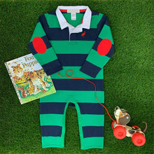 Load image into Gallery viewer, Sir Proper&#39;s Rugby Romper - Nantucket Navy And Kiawah Kelly Stripe
