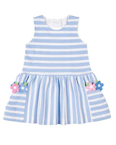 Blue and White Pique Knit Dress with Flowers