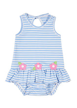 Load image into Gallery viewer, Blue &amp; White Knit Romper with Flowers
