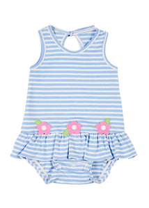Blue & White Knit Romper with Flowers