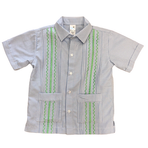 Light Blue Gingham Guayabera Shirt With Green Stitching
