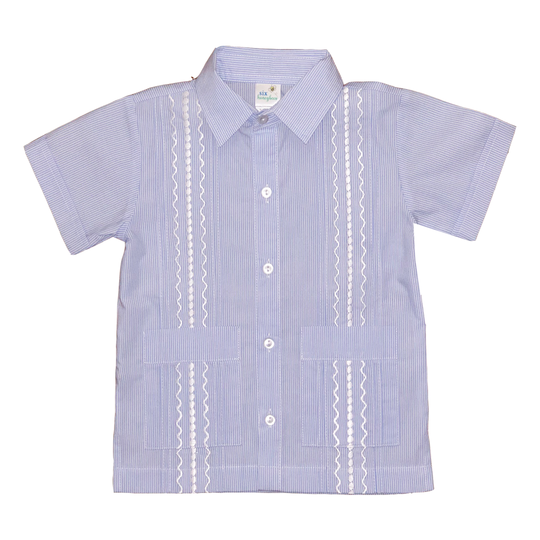 Light Blue And White Stripe Guayabera Shirt With White Stitching
