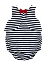 Load image into Gallery viewer, Navy And White Stripe Romper With Ladybug
