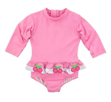 Load image into Gallery viewer, Cherries Rash Guard Onesie with UPF 50+
