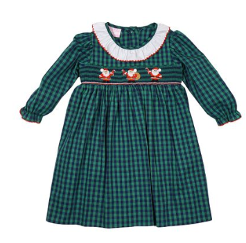 Green And Navy Plaid Dress With Ruffle Collar And Santa Claus Smocking