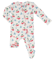 Load image into Gallery viewer, Cherries Two Way Ruffle Back Zipper Footie

