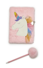 Load image into Gallery viewer, Glitter Unicorn Journal with Lock and Pop Pom Pen
