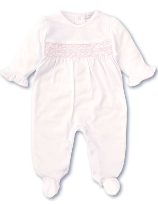 CLB Charmed Footie - White With Pink Smocking