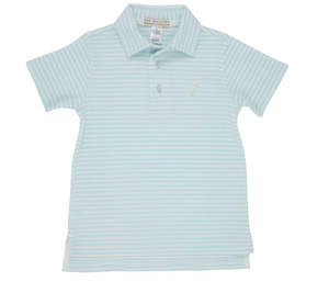 Prim & Proper Polo - Sea Island Seafoam Stripe With Multicolor Stork