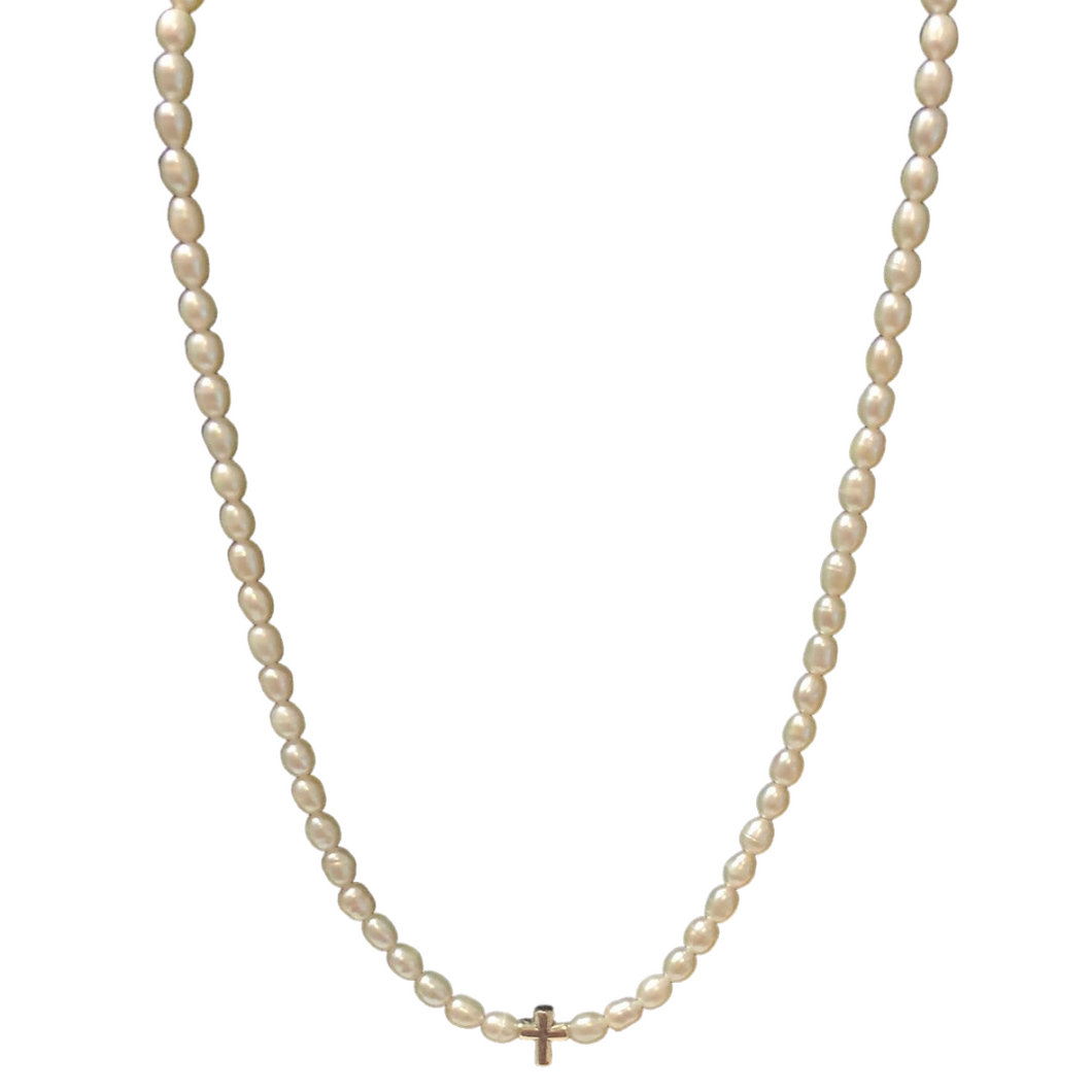 Rice Pearl Necklace With Cross