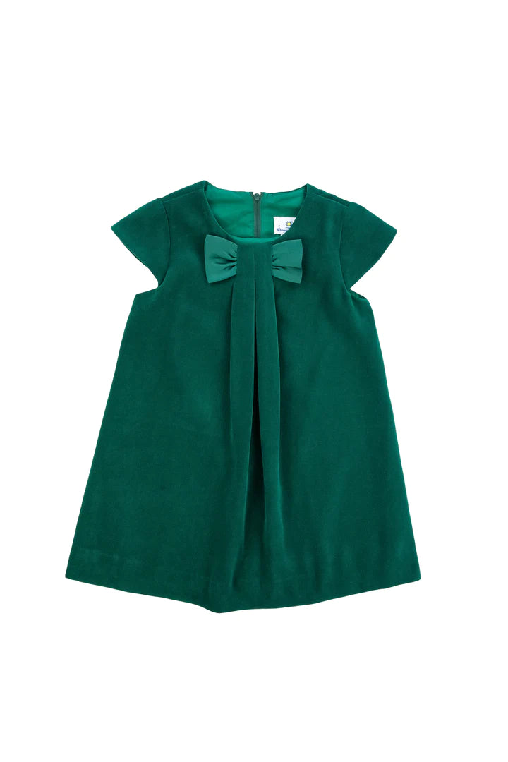 Green Velvet Dress With Pleat And Satin Bow