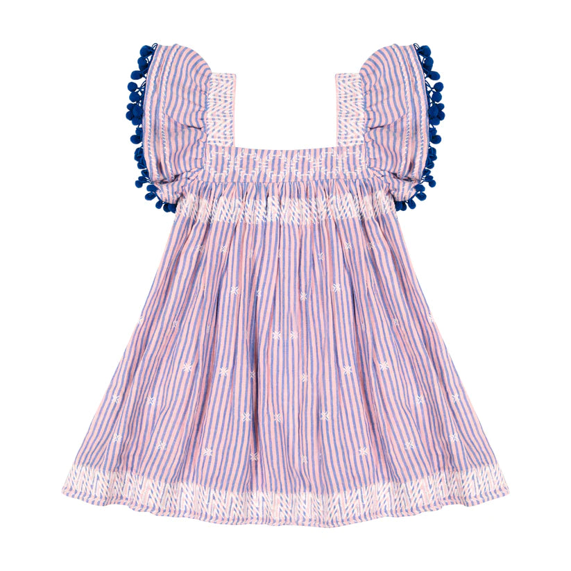Serena Pom Pom Dress - Blue Stripe