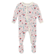 Load image into Gallery viewer, Macaroon Floral Vines Muffin Ruffle Footie With Snaps - Preemie
