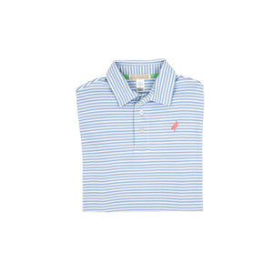 Prim & Proper Polo - Beale Street Blue Stripe with Parrot Cay Coral Stork