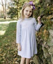 Load image into Gallery viewer, Cici Dress - Blue And Grey Stripe With Chickering Floral Ruffle
