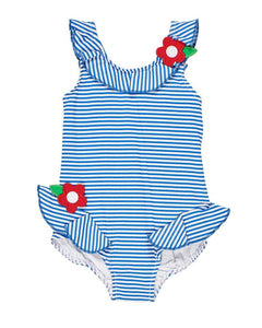 Blue Stripe Seersucker Swimsuit with Flowers