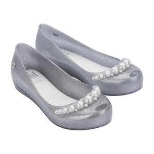 Mini Melissa Ultragirl Girly Silver Ballet Flat with Pearls