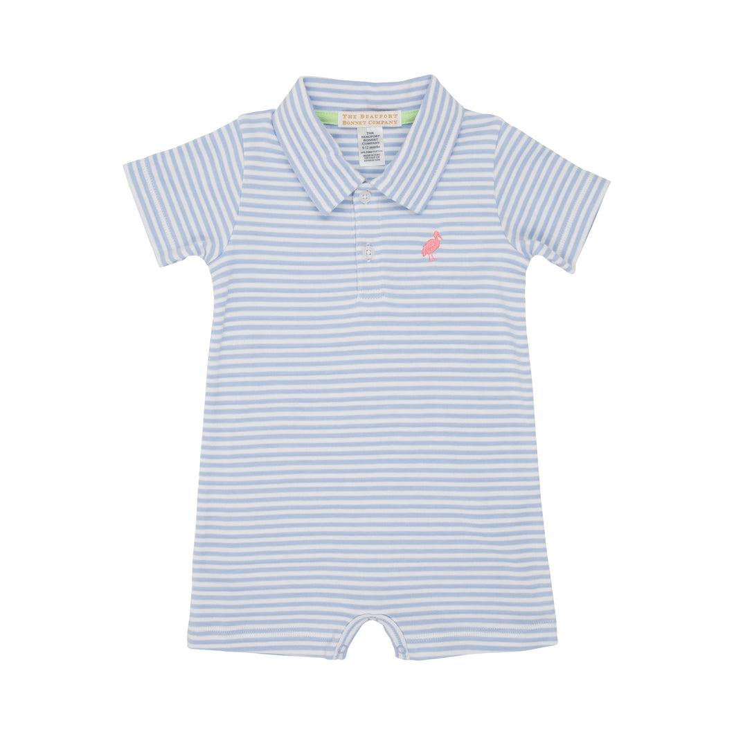 Sir Proper's Romper - Beale Street Blue Stripe With Parrot Cay Coral Stork