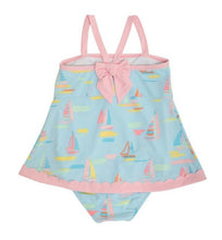Load image into Gallery viewer, Stratford Scallop Swimsuit  With Snaps- Sandyport Sailboats Blue With Palm Beach Pink
