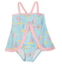 Load image into Gallery viewer, Stratford Scallop Swimsuit  - Sandyport Sailboats Blue With Palm Beach Pink

