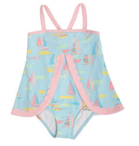 Stratford Scallop Swimsuit  - Sandyport Sailboats Blue With Palm Beach Pink