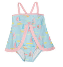 Load image into Gallery viewer, Stratford Scallop Swimsuit  With Snaps- Sandyport Sailboats Blue With Palm Beach Pink
