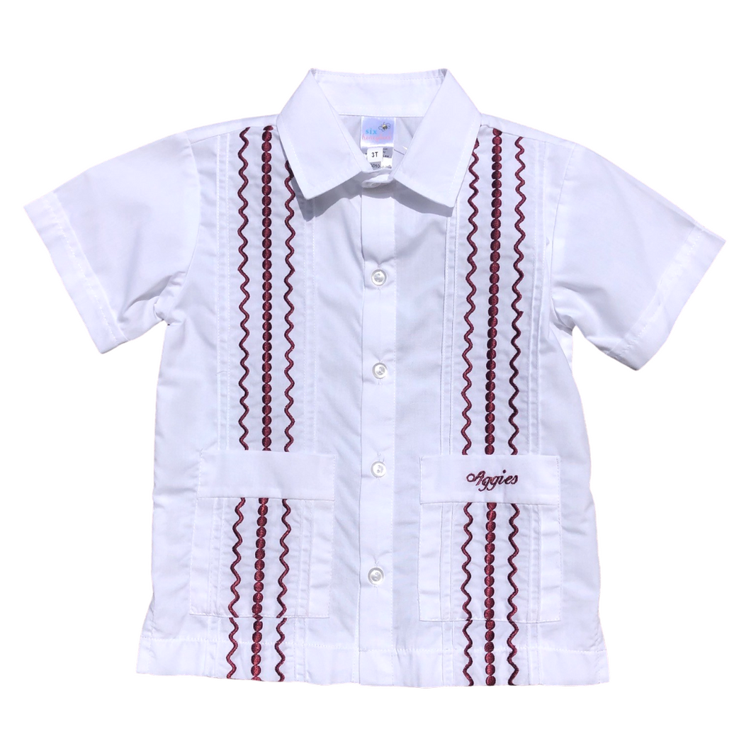 White Guayabera Shirt With Maroon Stitching ( Aggies)
