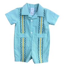 Load image into Gallery viewer, Green Stripe With Gold Guayabera Romper
